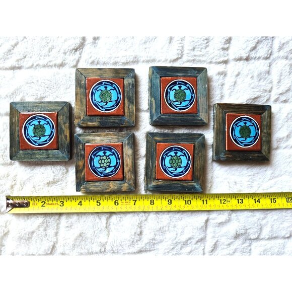 Retro Green Blue Wooden Tile Turtle Coasters 6 pcs - Picture 4 of 7